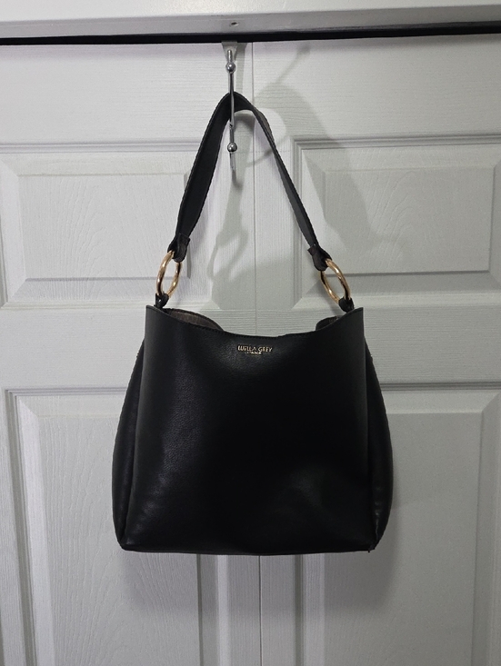 luella grey Handbags - Luella Grey Black Leather Shoulder Bag with Gold Ring Accents